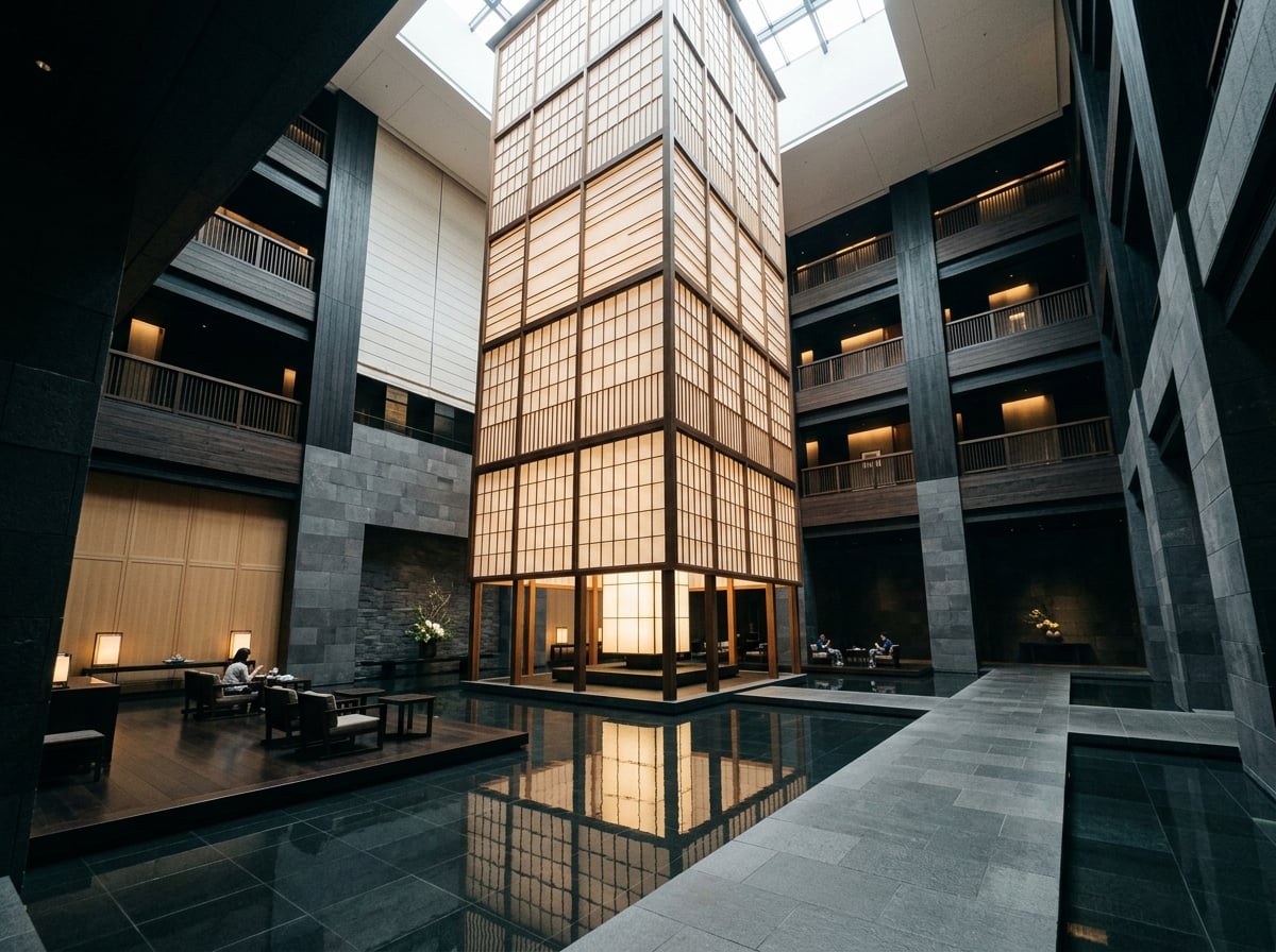 A serene, minimalist six-story atrium lobby in Aman Tokyo, featuring towering washi paper screens, dark stone accents, and a tranquil reflecting pool, with subtle natural light filtering in.