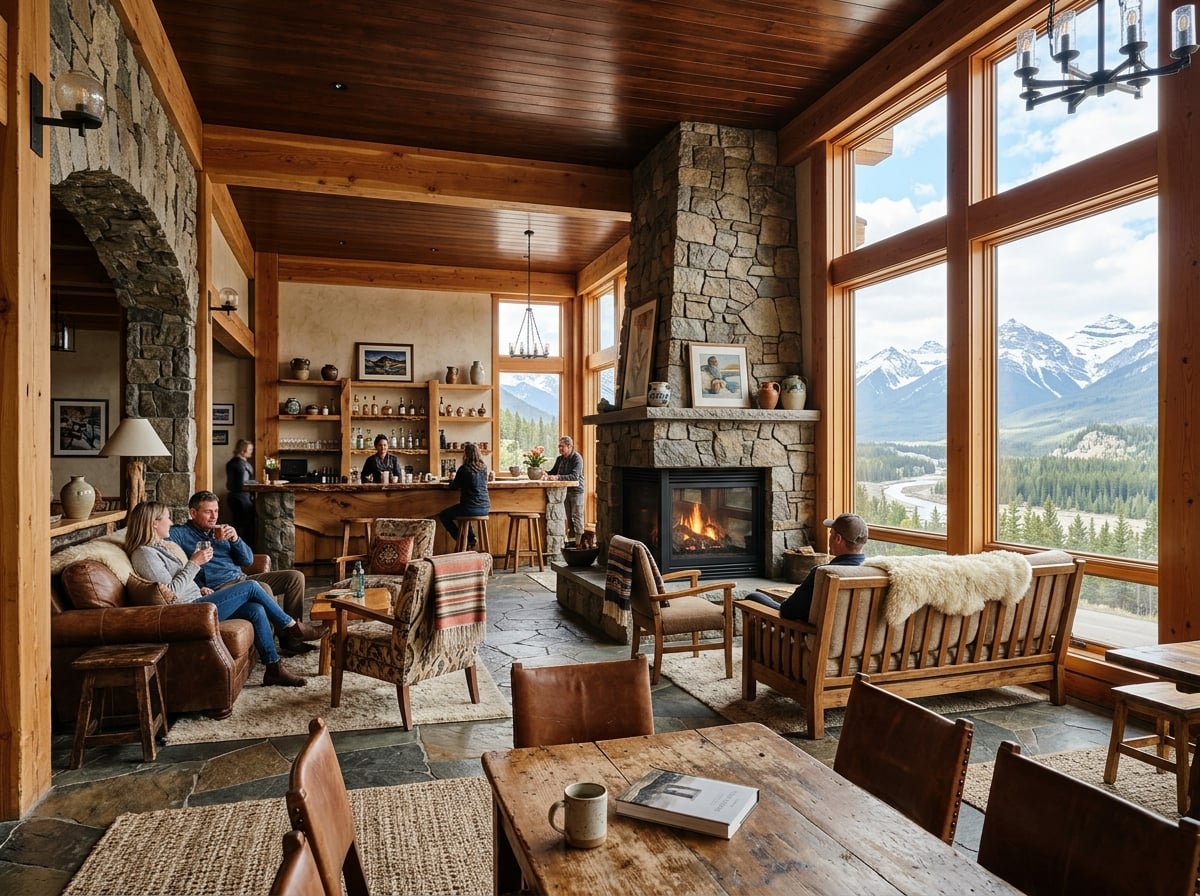 A meticulously designed hotel interior featuring local craftsmanship, natural materials like wood and stone, and large windows that offer views of the surrounding natural landscape, illustrating harmonious integration.