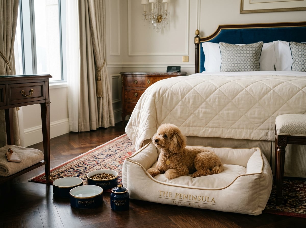 A small dog rests on a luxurious bed in a elegant hotel room with Peninsula branding.