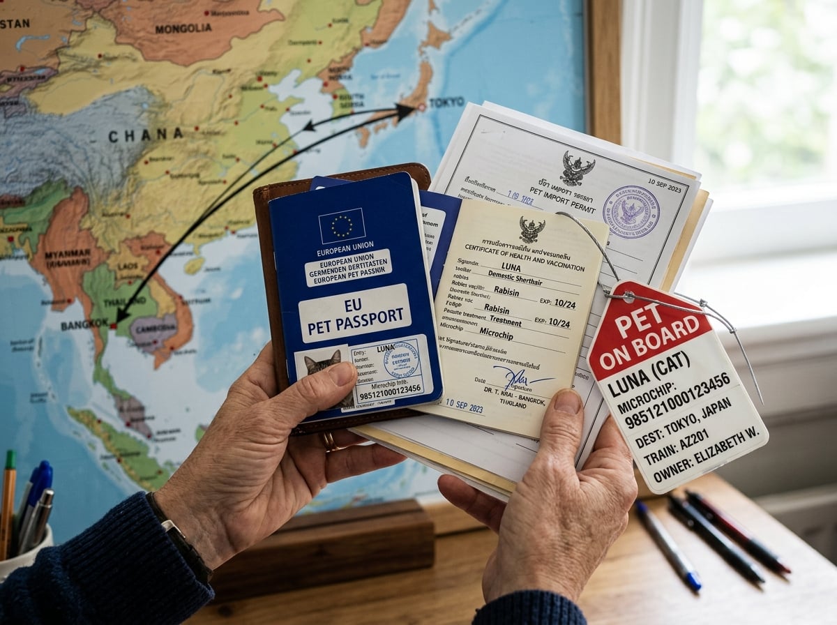 A traveler holds pet import documents and a pet carrier tag at an airport, with a travel map in the background.