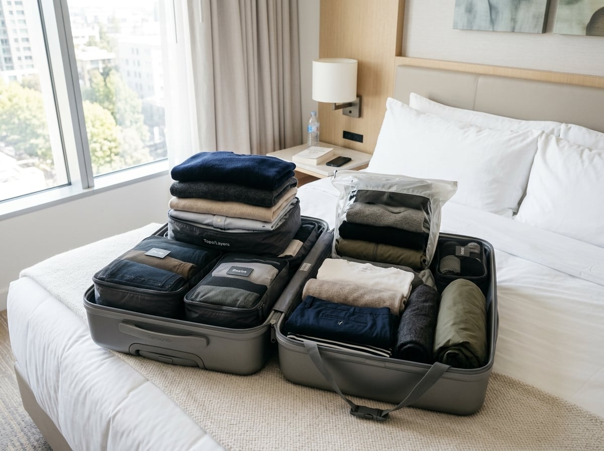 An open suitcase with neatly arranged clothes and packing cubes.