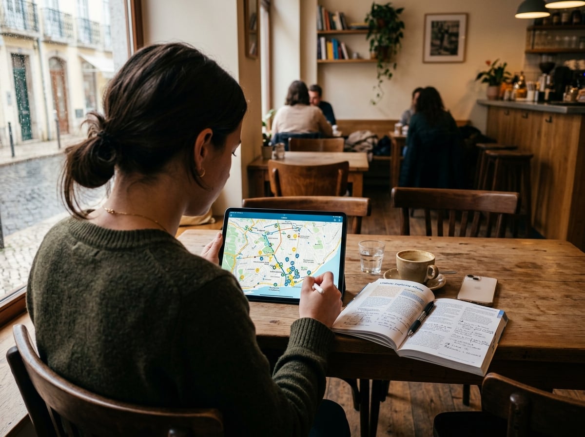 A person looking at a digital map on a tablet with landmarks highlighted.