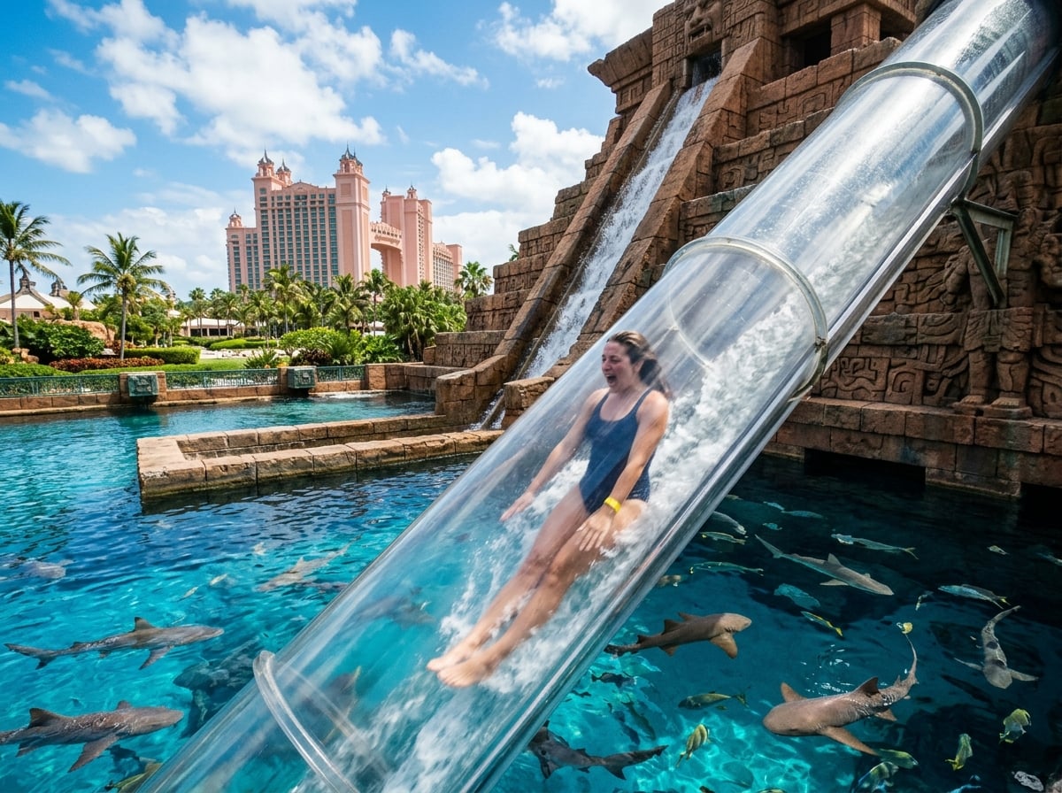 The iconic Leap of Faith slide at Atlantis, Paradise Island, where riders plummet through a clear tube surrounded by a shark-filled lagoon, with lush tropical foliage in the background.