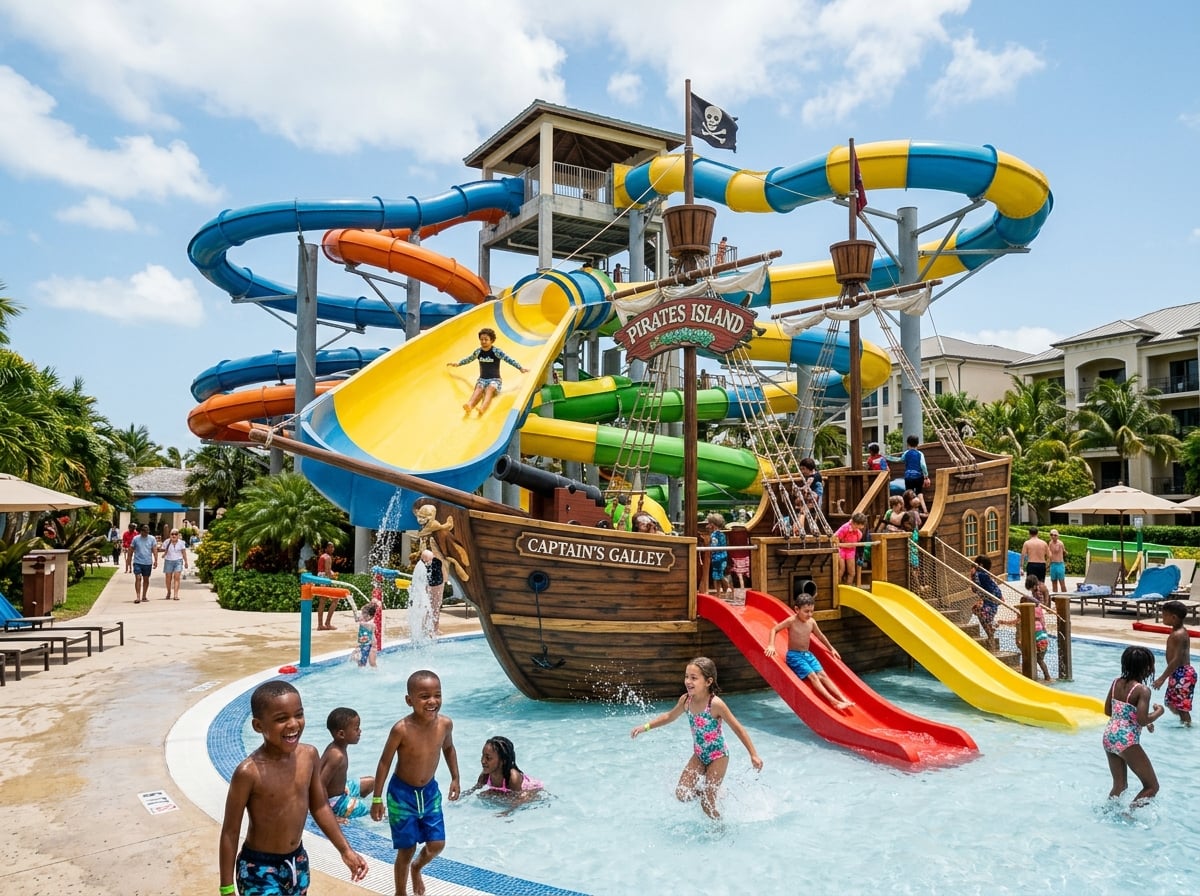The Pirates Island Waterpark at Beaches Turks & Caicos Resort, featuring numerous water slides and a pirate ship play structure, bustling with children enjoying the attractions.