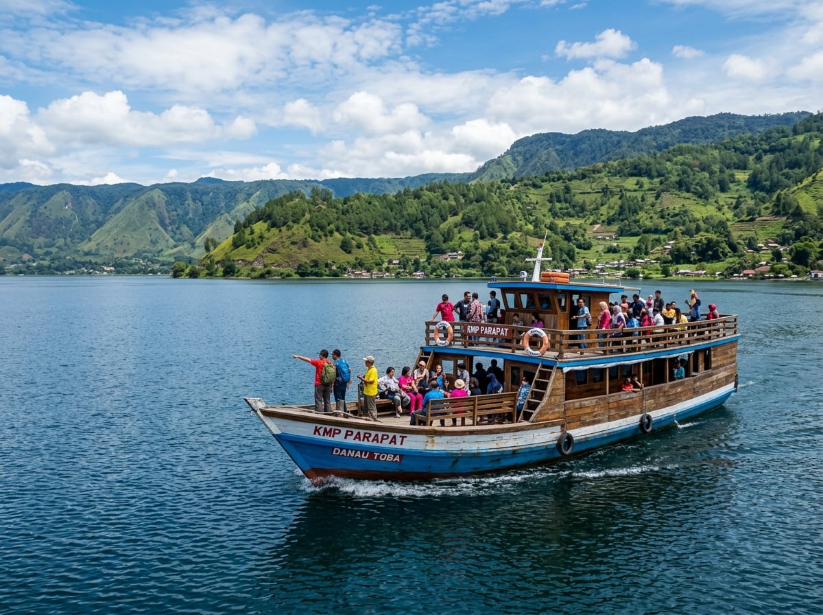 A traditional wooden ferry crossing the calm waters of Lake Toba, carrying passengers between the mainland and Samosir Island, with distant hills under a clear sky.