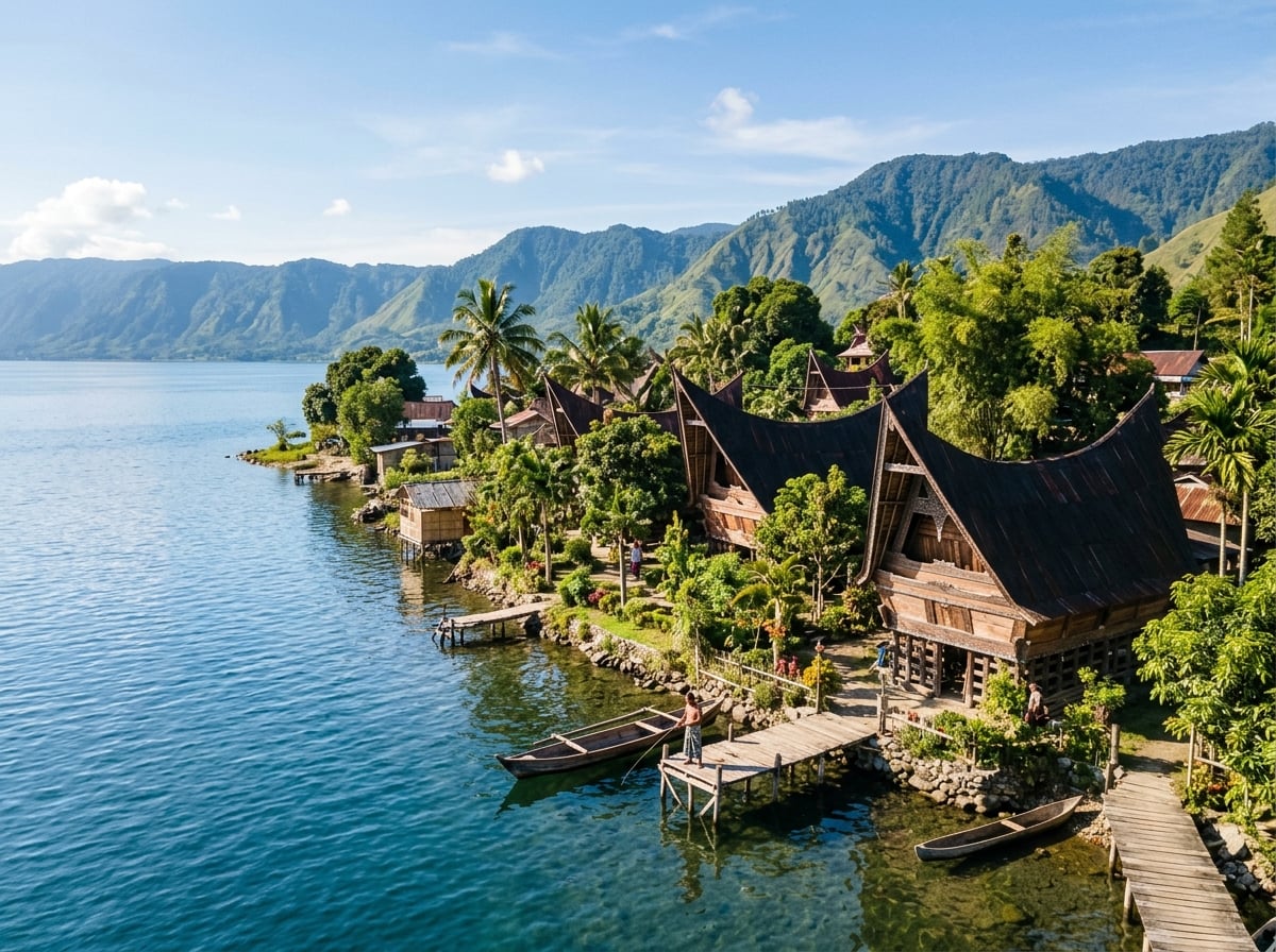 A serene view of the coastline of Samosir Island on Lake Toba, showing traditional Batak houses nestled among green trees by the clear lake waters.