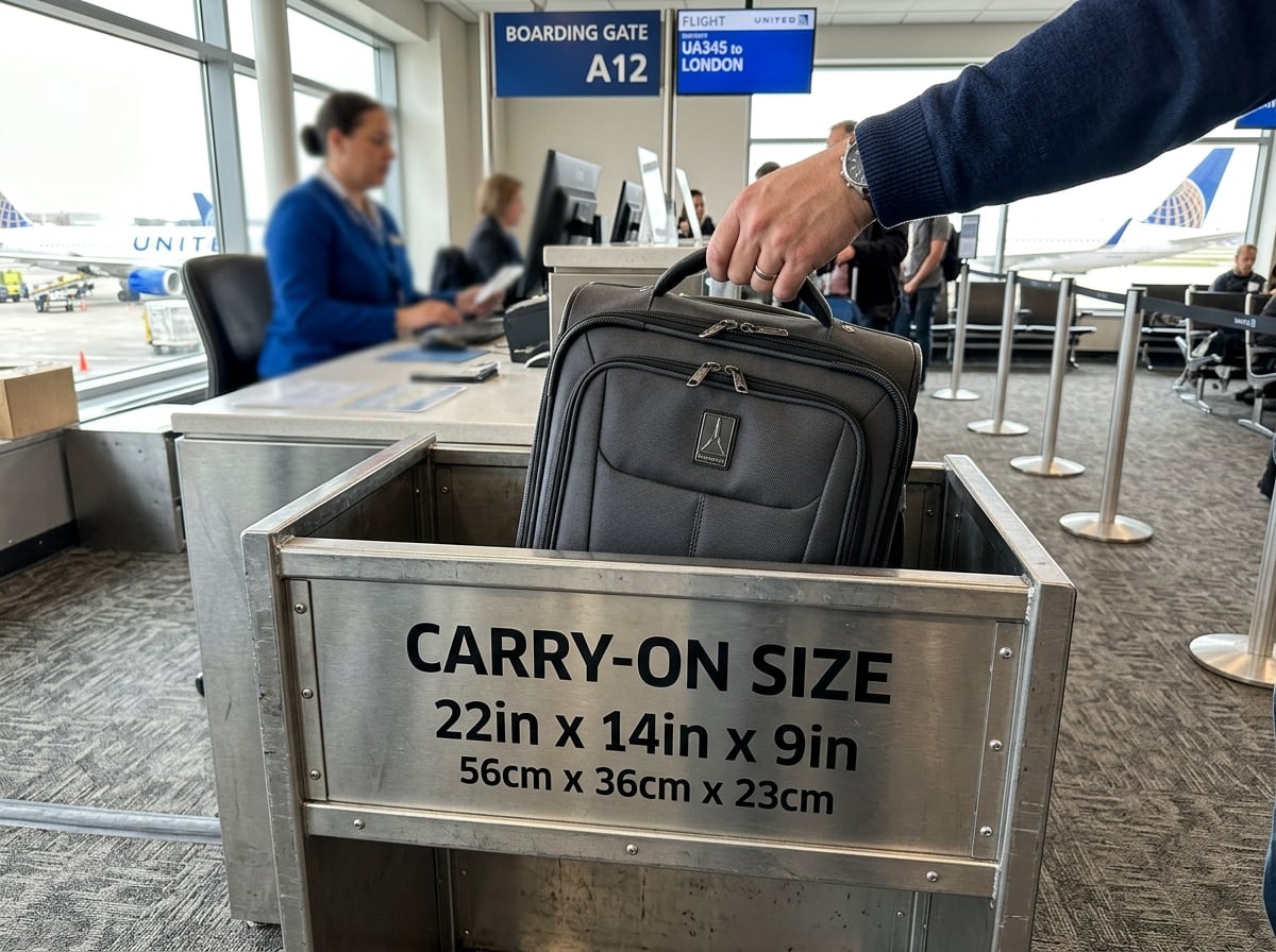A close-up view of a standard metal carry-on sizing bin at an airline check-in counter, with a hand gently pushing a compliant suitcase into it.