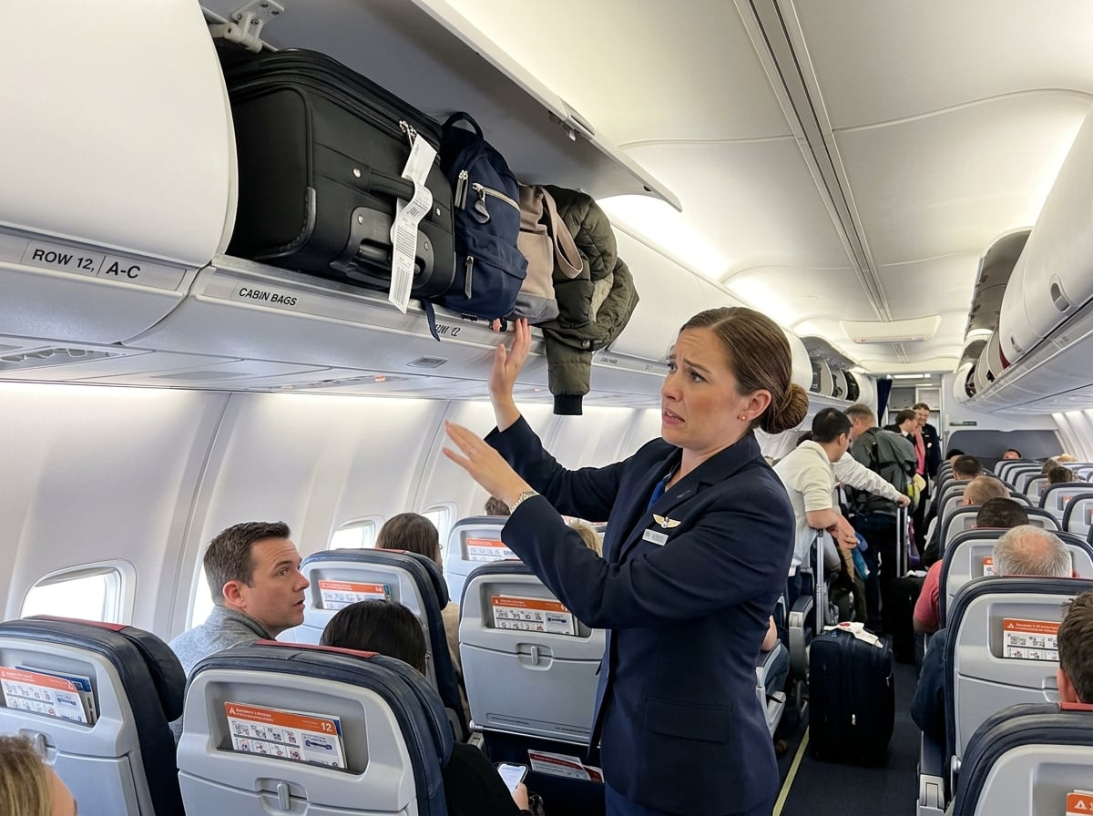 An overhead bin on an airplane that is slightly ajar and overflowing with various carry-on bags, with a flight attendant looking concerned.