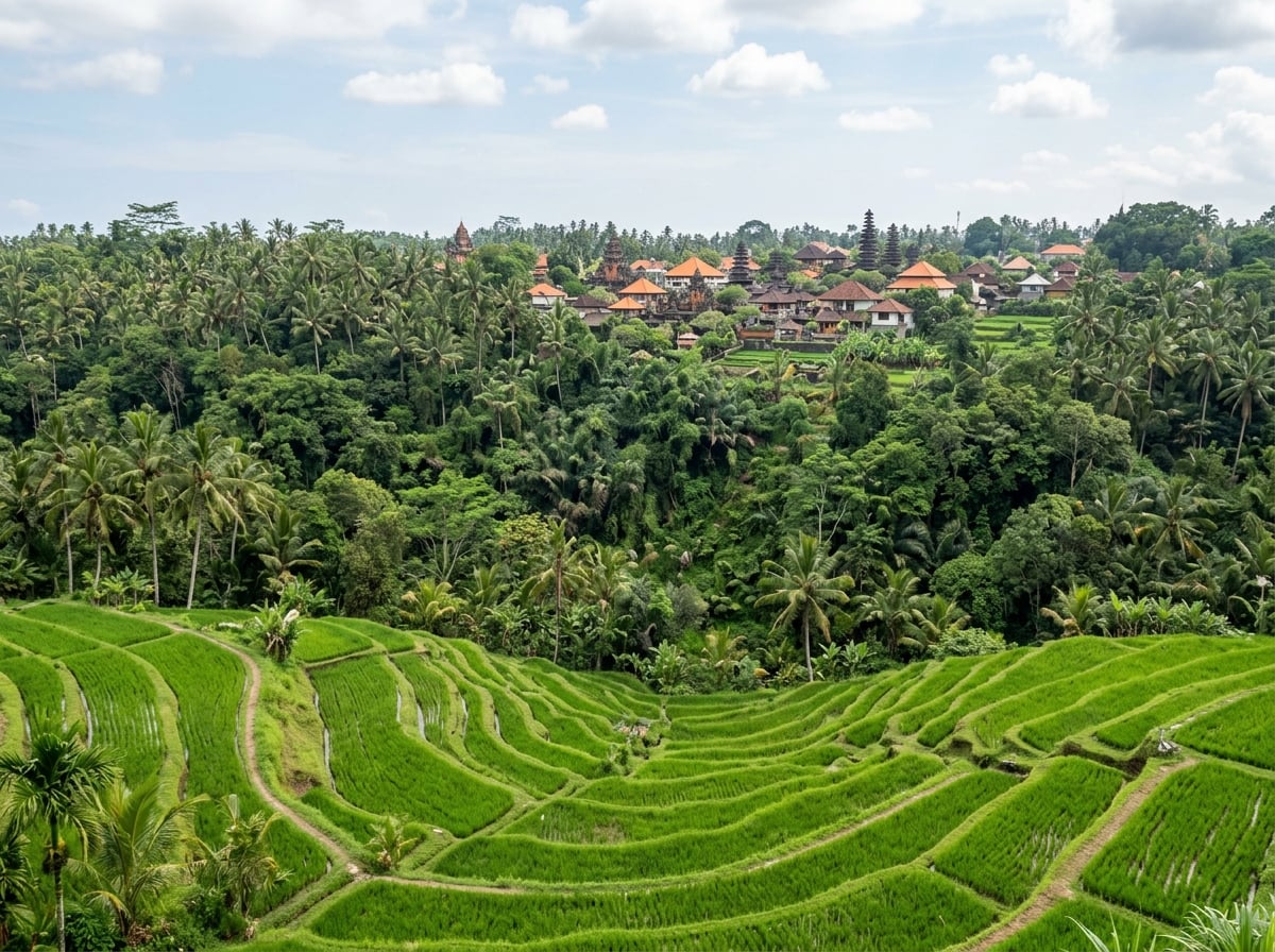 A serene, winding path through vibrant green rice terraces in Ubud, Bali, with the path leading towards a distant cluster of traditional Balinese buildings nestled amongst the palms.