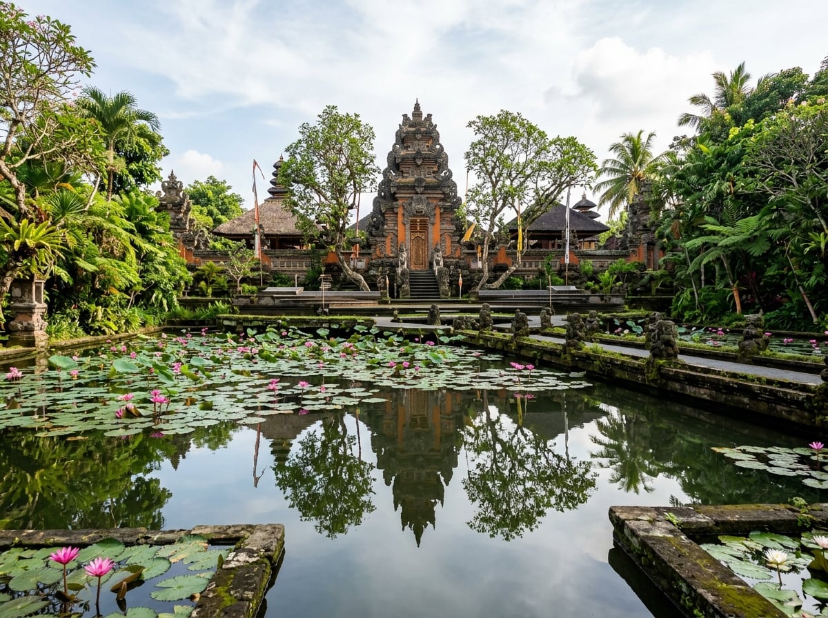 The ornate, traditional stone gate of Saraswati Temple in Ubud, Bali, with its reflecting lotus pond and traditional Balinese architecture, surrounded by lush tropical greenery.