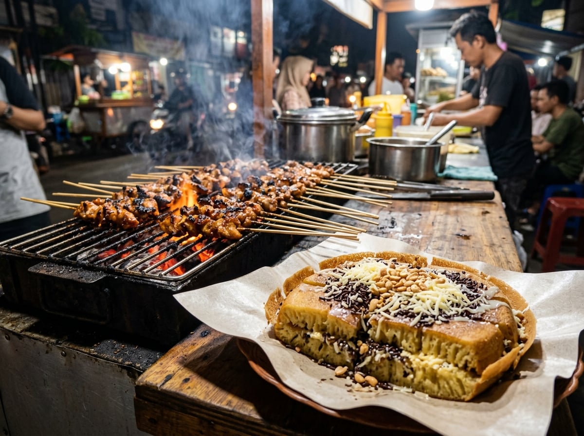A close-up, mouth-watering shot of sate ayam skewers grilling over hot coals, alongside a vibrant plate of freshly prepared martabak, highlighting the rich street food culture of Jakarta.
