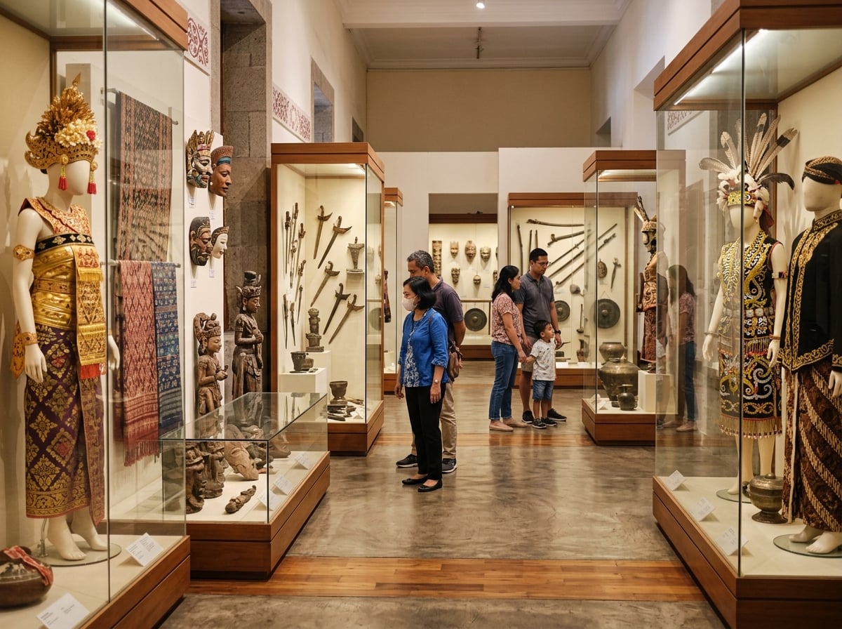 Inside the National Museum of Indonesia, visitors are observing a detailed ethnographic exhibit showcasing traditional Indonesian artifacts and costumes from various ethnic groups.