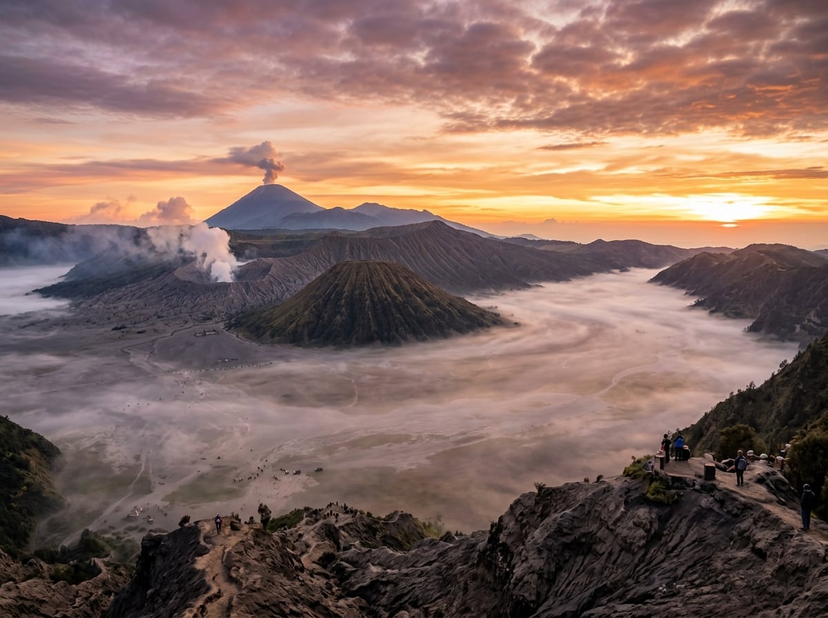 Sunrise over Mount Bromo volcano with volcanic sand and mist.
