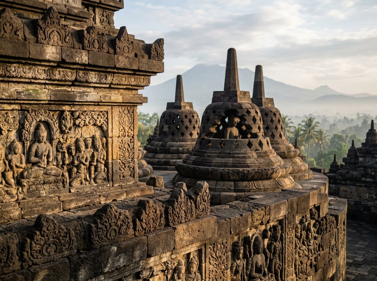 The ancient stone stupas of Borobudur Temple.