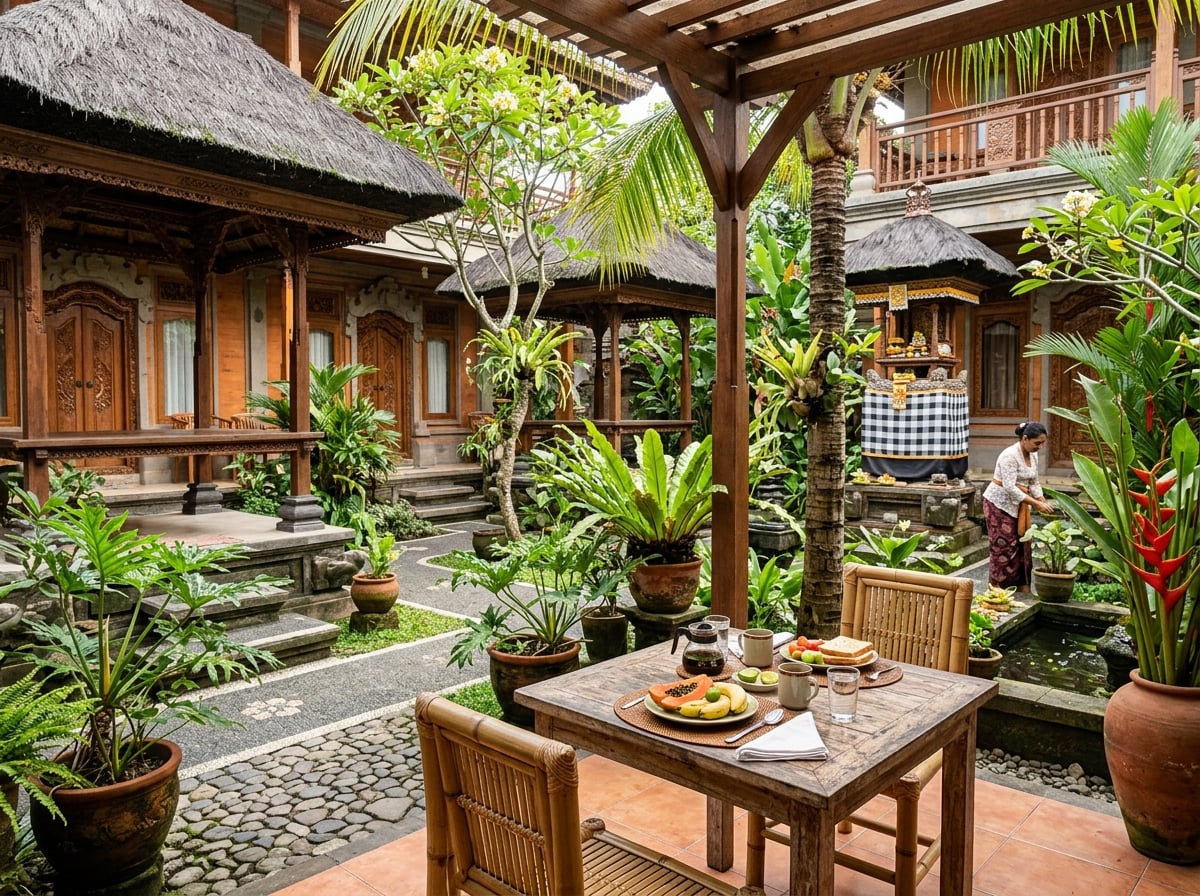 A welcoming Balinese family guesthouse (losmen) courtyard in Ubud with traditional architecture, potted plants, and a communal breakfast area.