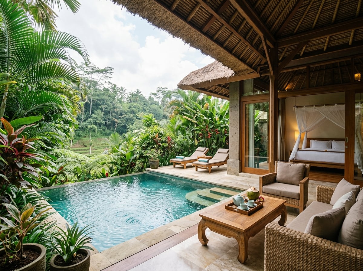 A modern one-bedroom private plunge pool villa in Ubud, Bali, with an open-air living pavilion and tropical garden surroundings.