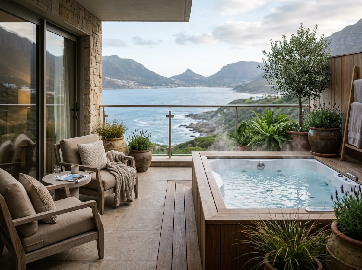 An inviting outdoor private jacuzzi on a hotel balcony, surrounded by lush greenery and offering a glimpse of a distant ocean view, demonstrating an outdoor placement option.