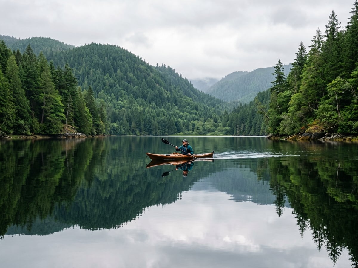 A lone kayaker gently paddles on the calm, reflective surface of Lake Tuba, surrounded by verdant, tree-covered hills under a soft, overcast sky.