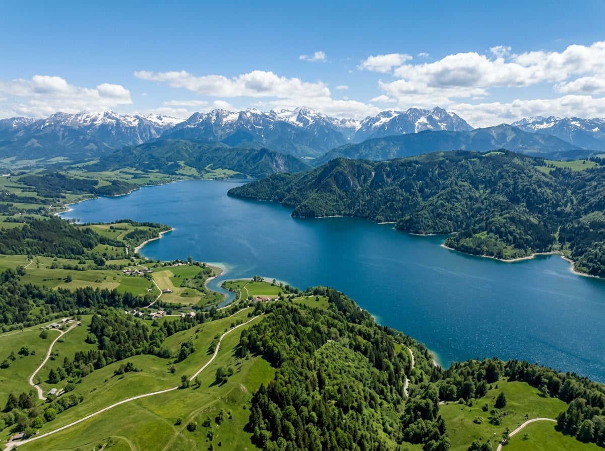 An aerial drone perspective of Lake Tuba, showing its deep blue waters bordered by rolling green hills, dense forests, and majestic mountains in the distance, all under a clear sky.
