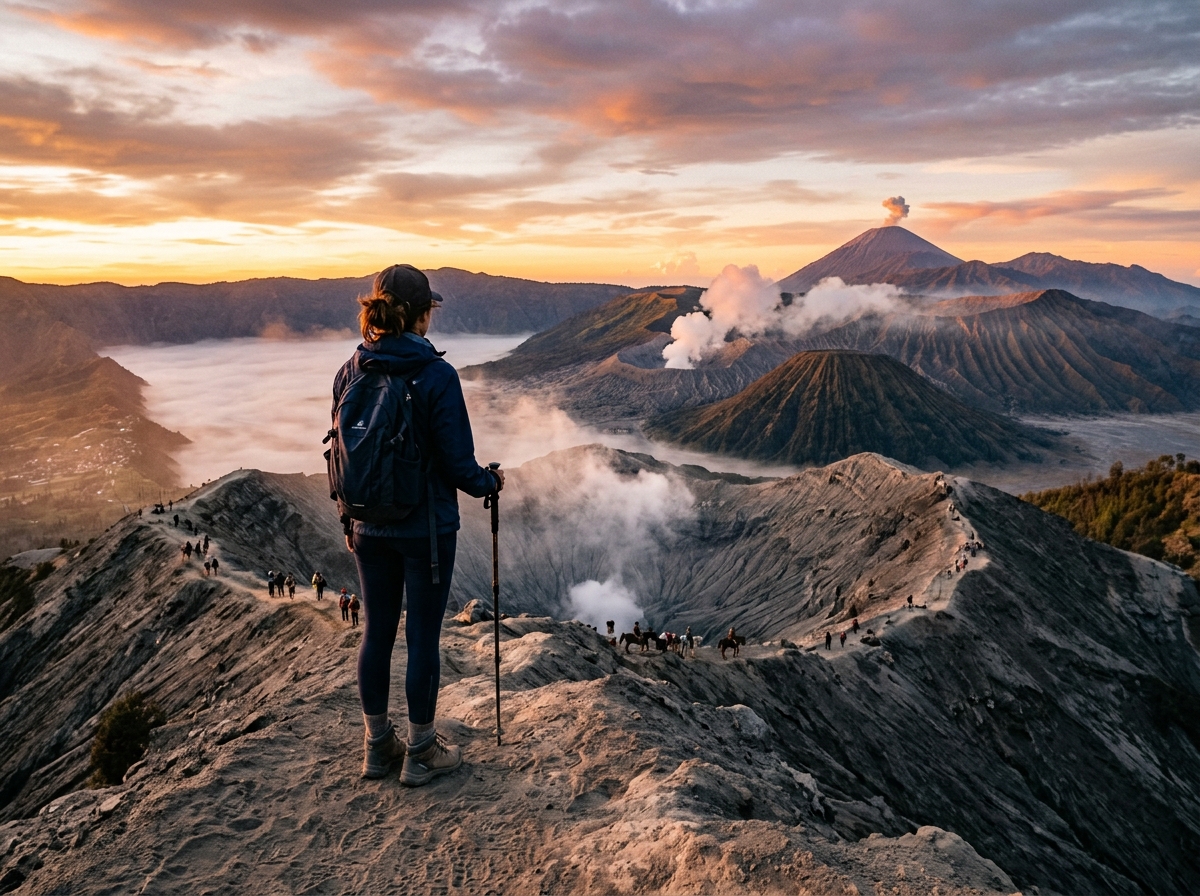 A lone hiker standing on the volcanic ridge overlooking the smoking caldera of Mount Bromo at dawn, with the vast sea of sand below.