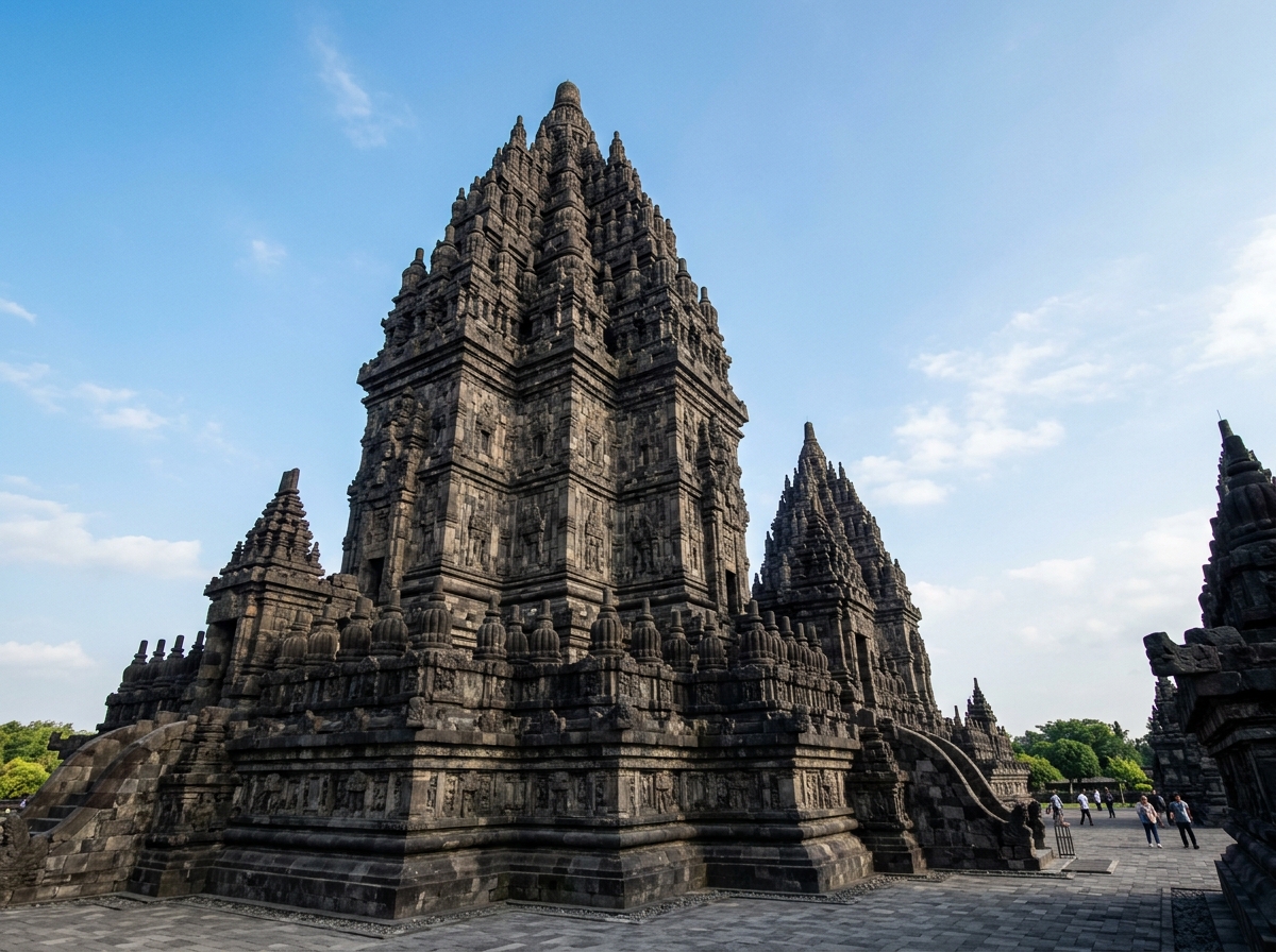 The towering, ornate stone spires of Prambanan Temple complex in Java, Indonesia, reaching towards a clear sky.