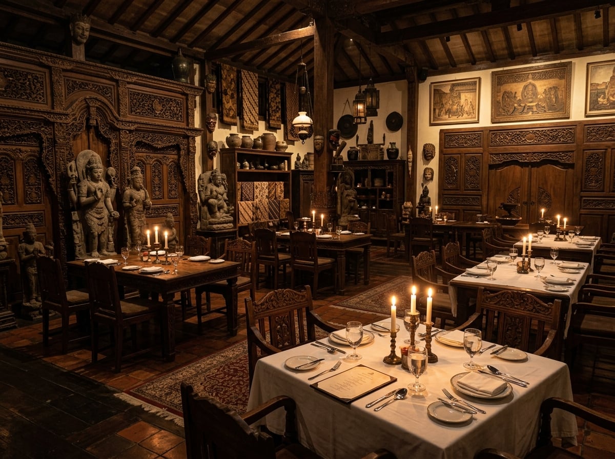 The interior of Lara Djonggrang restaurant in Menteng, Jakarta, showcasing a dimly lit dining room filled with antique Javanese and Balinese artifacts, carved wooden screens, and tables set with candlelight.