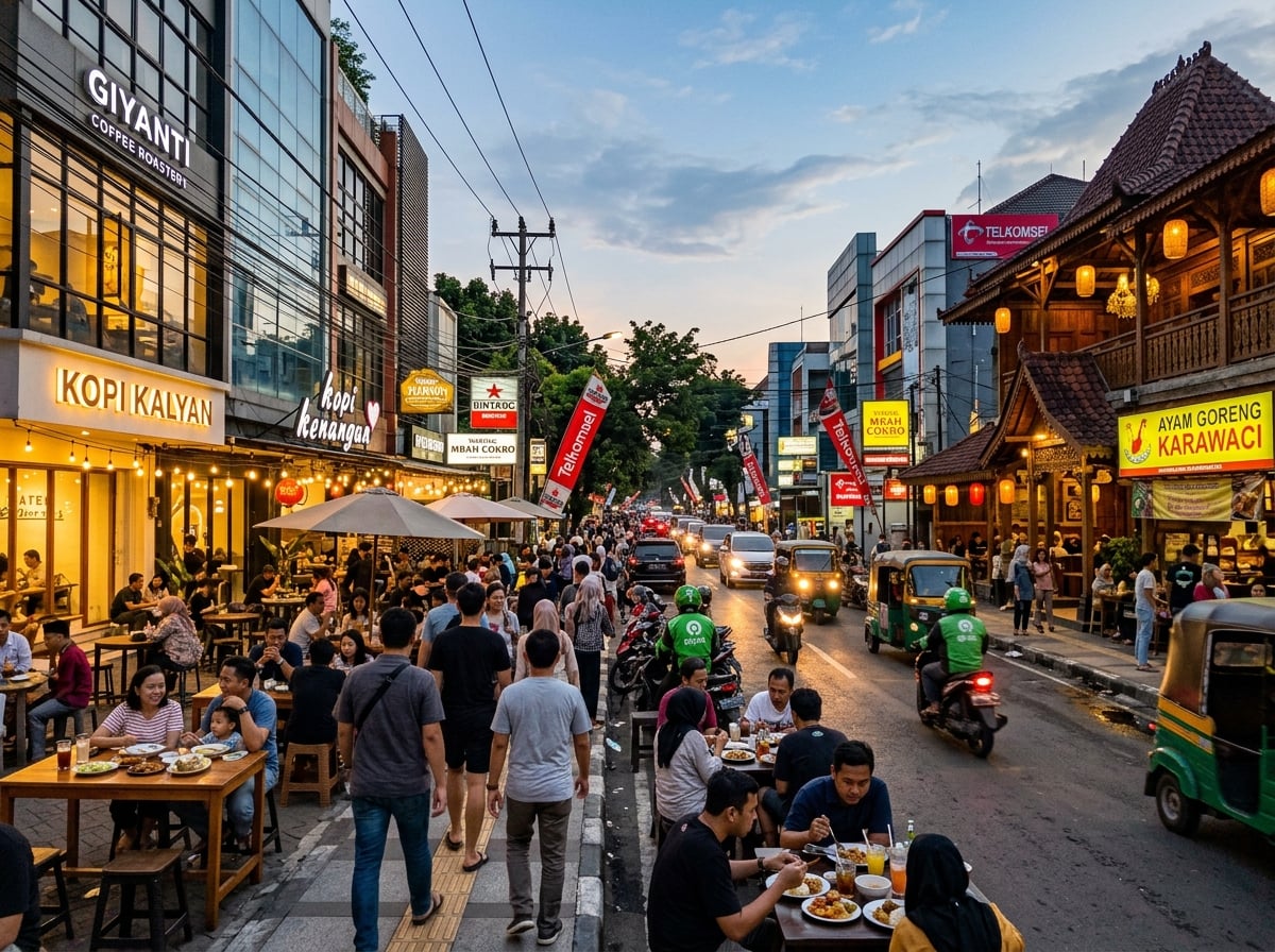A modern, bustling Jakarta street scene at dusk, with neon lights from various restaurants and cafes illuminating the lively atmosphere, hinting at a vibrant culinary scene.