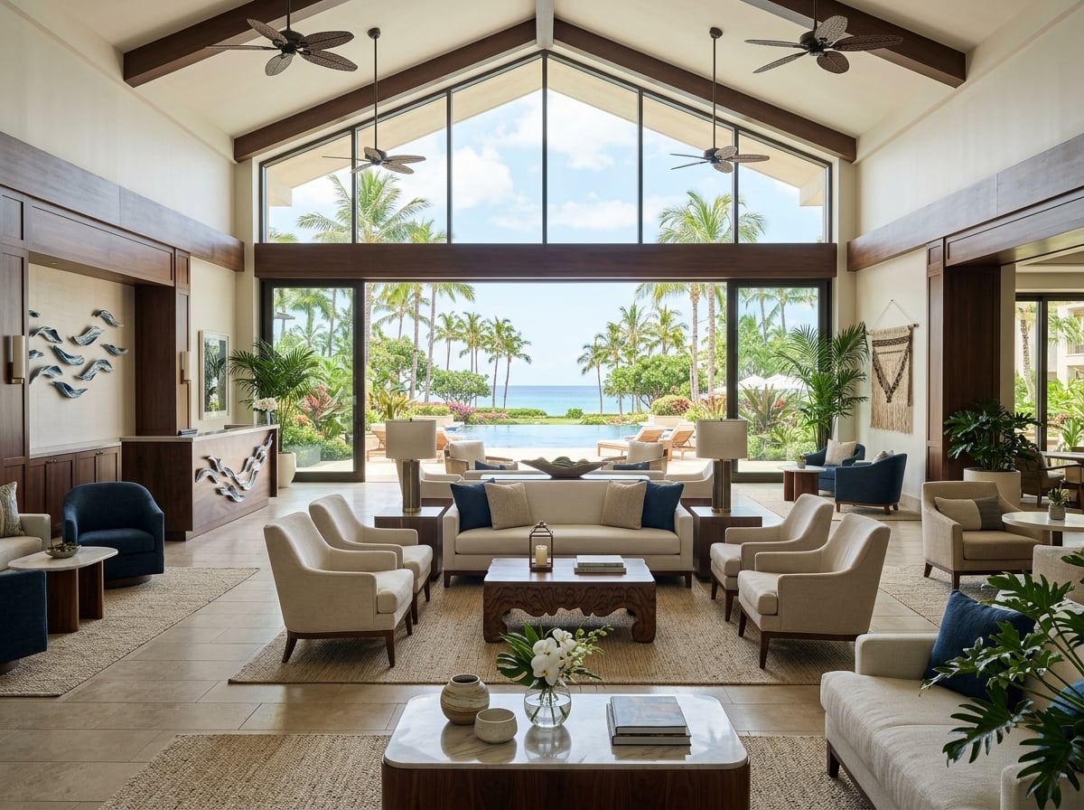 The historic, elegant lobby of the Four Seasons Resort Maui at Wailea, showcasing recent renovations with modern yet timeless design elements, inviting seating areas, and a glimpse of tropical plants through large windows.