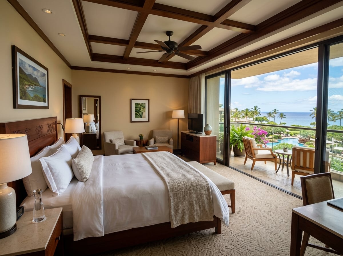 A luxurious and spacious hotel room at the Four Seasons Resort Maui, featuring a private lanai overlooking the ocean, high-end furnishings, and ample natural light, illustrating the generous but not excessive square footage.