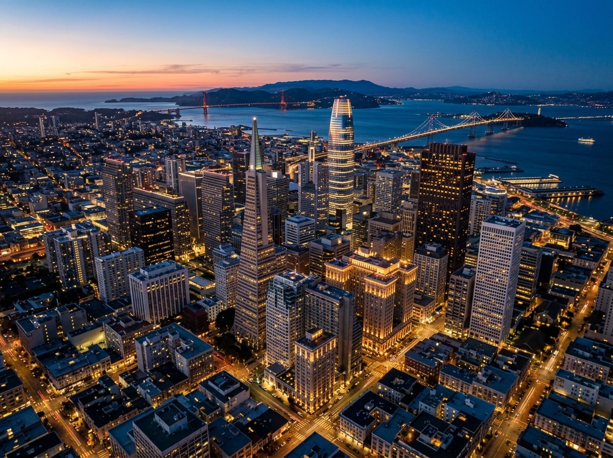 An aerial view of the San Francisco skyline at twilight, showcasing various luxury hotel buildings illuminated against the city lights, representing the best five-star hotels.