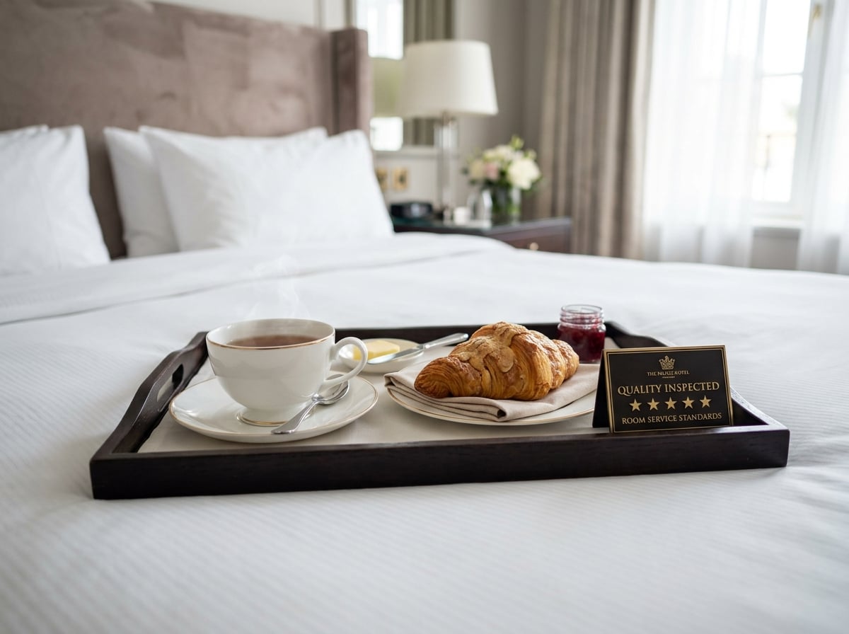 A close-up of a meticulously arranged room service tray with gourmet breakfast items and a small, discreet five-star rating plaque, symbolizing hotel inspection standards.
