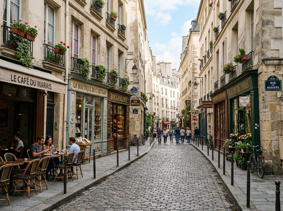 A narrow, car-free street in Le Marais with historic buildings.