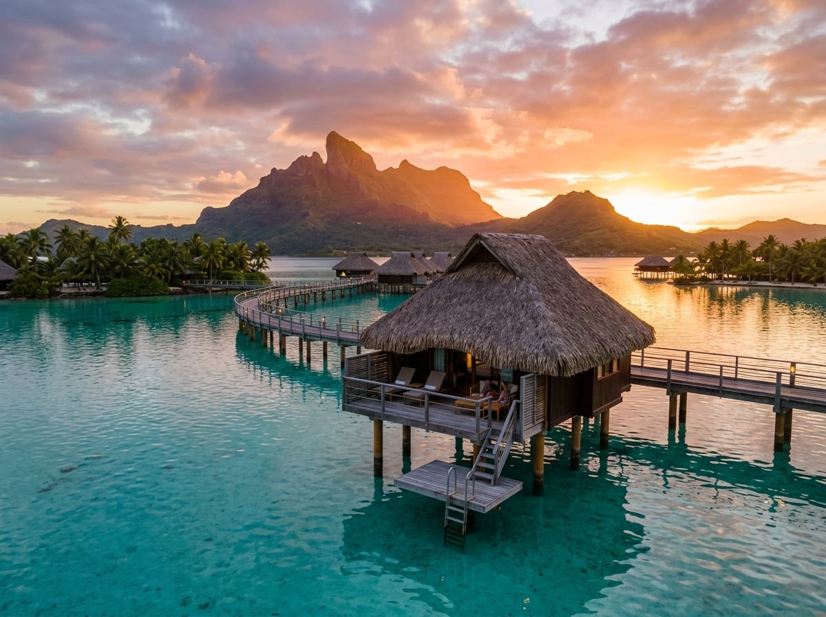 Overwater bungalow with Mount Otemanu in the background at sunset.