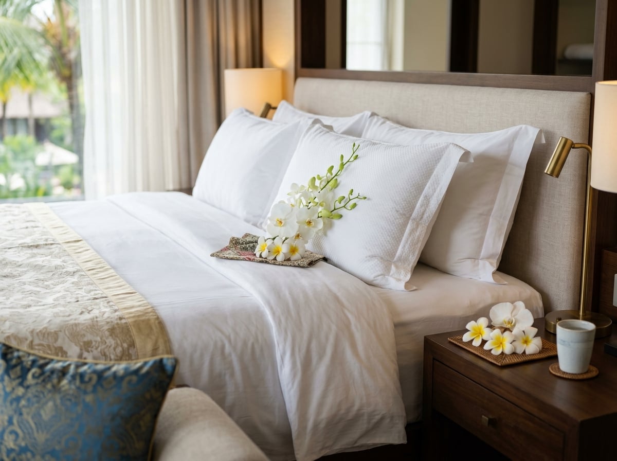 Close-up of a meticulously prepared luxury resort bed with fresh flowers.