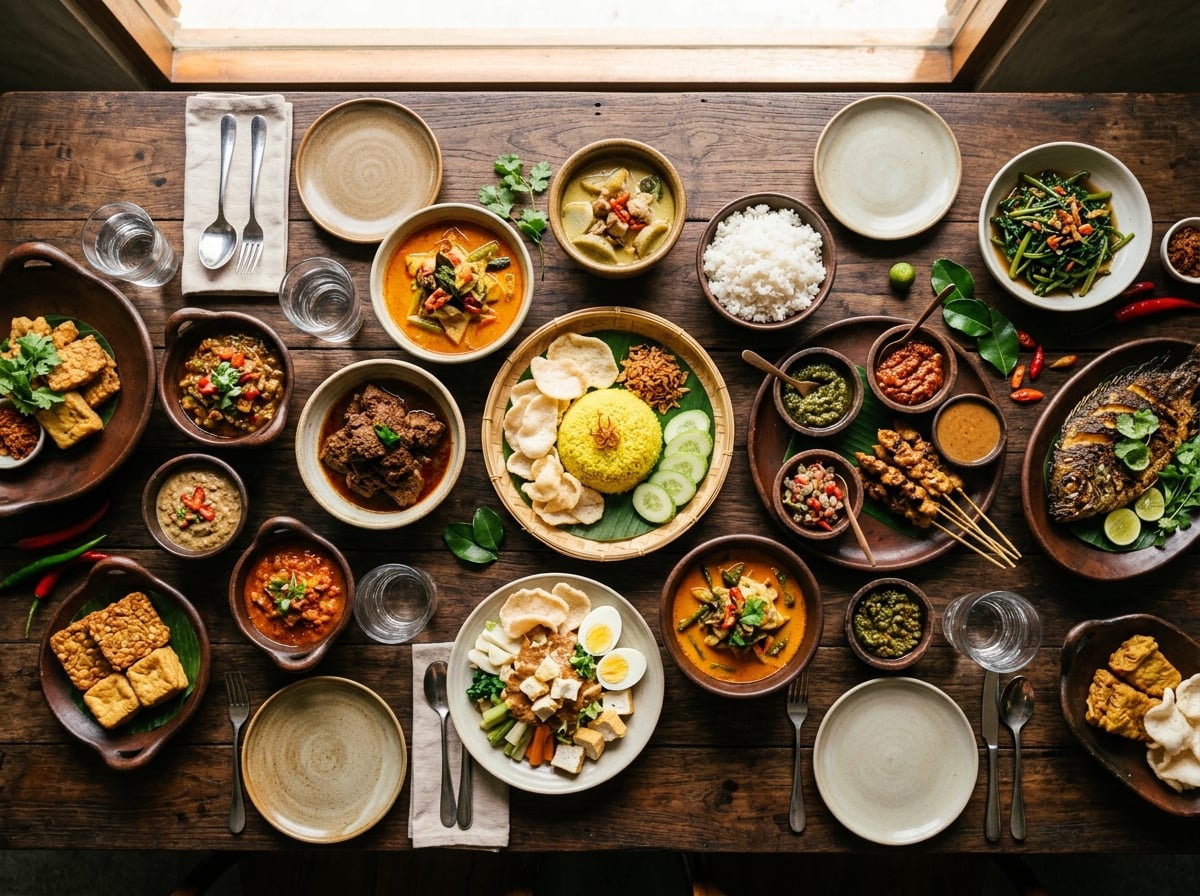 A vibrant spread of traditional Indonesian dishes served family-style on a wooden table, featuring various sambals, curries, and rice, evoking the culinary diversity of the archipelago.