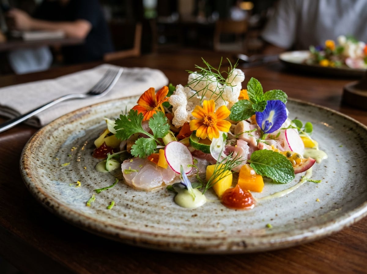 A close-up of an exquisitely plated dish from Locavore restaurant, featuring a artful arrangement of locally sourced, fresh ingredients with a modern European culinary touch.