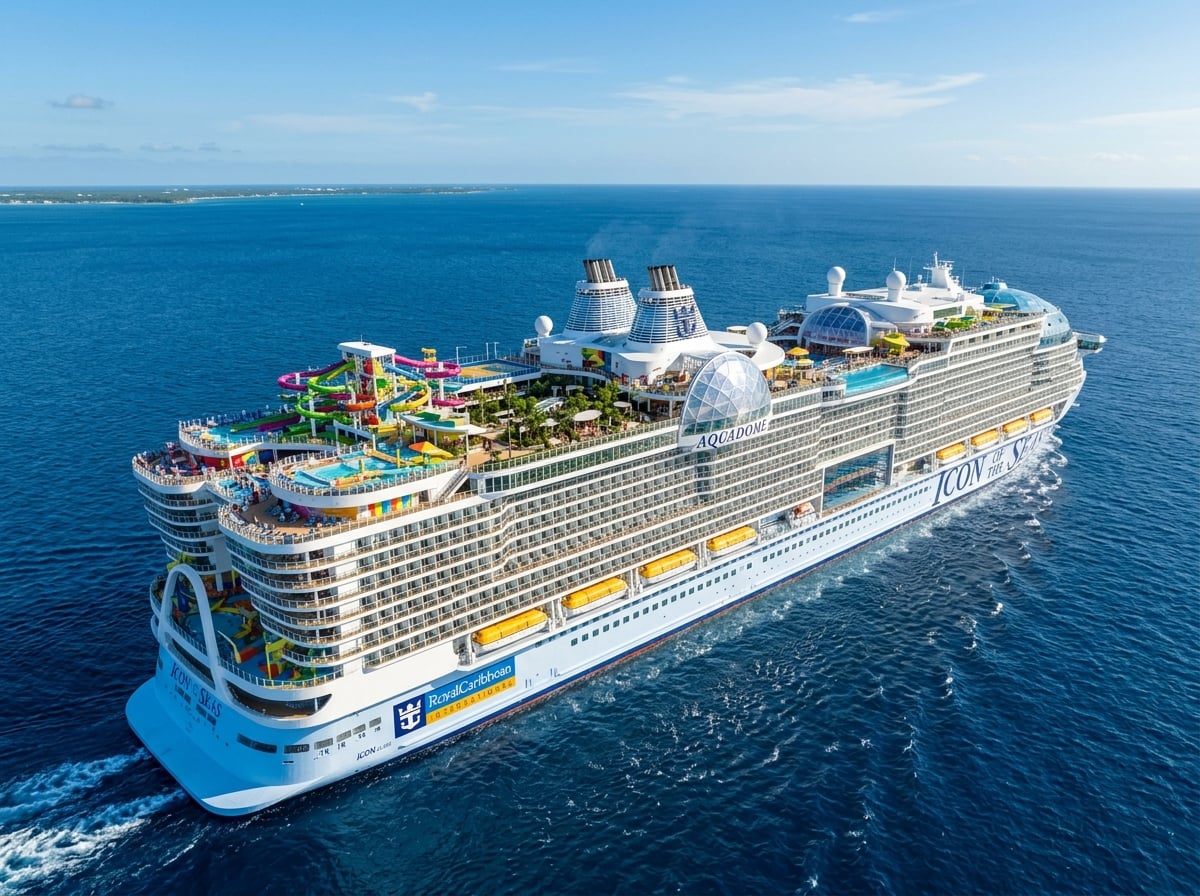 An aerial view of the Icon of the Seas, Royal Caribbean's flagship Icon Class cruise ship, showcasing its impressive scale, innovative deck designs, and multiple distinct neighborhoods as it sails on the open ocean.