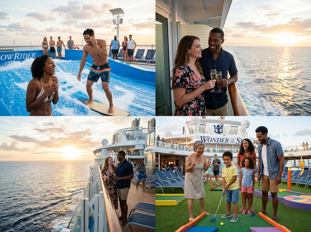 A diverse group of people on a Royal Caribbean cruise deck, including a thrill-seeking couple enjoying a FlowRider, a honeymooning couple toasting champagne, and a multi-generational family playing mini-golf, all against a backdrop of the ocean.