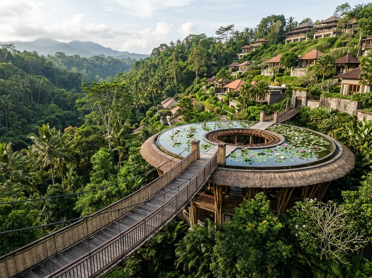 The iconic rooftop lotus pond and entrance sequence of the Four Seasons Resort Bali at Sayan, with lush greenery cascading down a hillside.