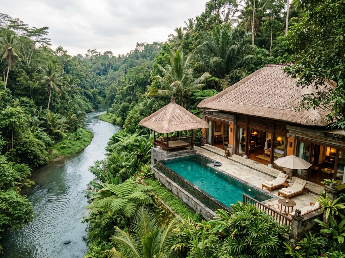 A luxurious Mandapa villa nestled beside the tranquil Ayung River in Ubud, surrounded by lush rainforest, embodying exclusivity and privacy.