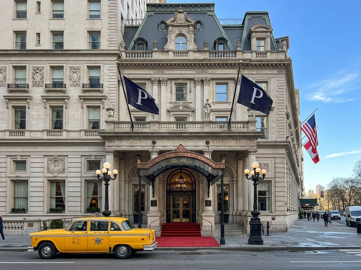 The iconic grand entrance of The Plaza Hotel on Fifth Avenue, featuring its distinctive architecture, flags, and a classic New York City yellow cab passing by.