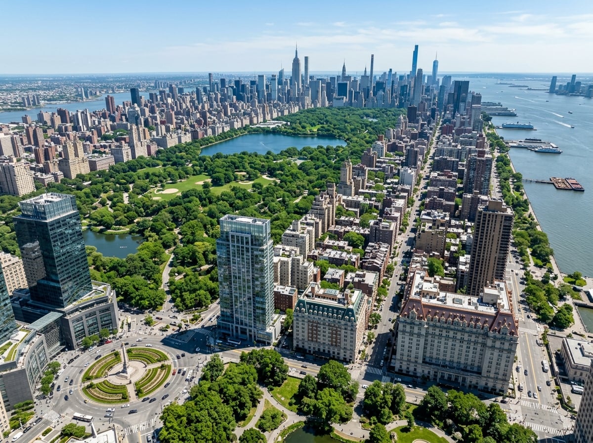 An aerial view of the Manhattan skyline, highlighting several prominent luxury hotels like The Plaza and Mandarin Oriental, with Central Park visible in the foreground and the city's architectural diversity.