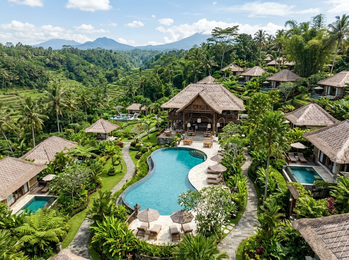 A wide shot of a comprehensive luxury resort property in Ubud, Bali, featuring multiple amenities like a large pool area, restaurant pavilion, and expansive grounds, differentiating it from a smaller hotel or villa.