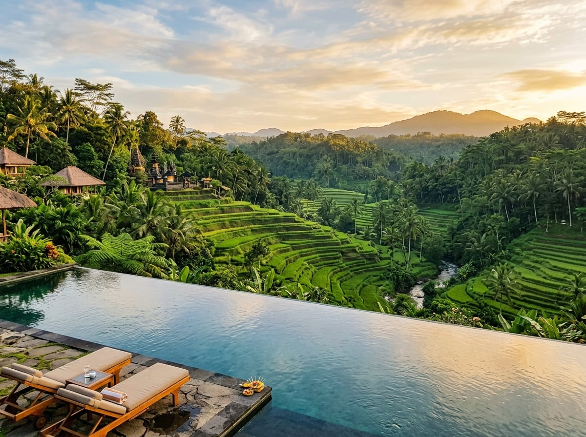 Terraced rice paddies in Ubud, Bali, with a luxury infinity pool overlooking the landscape, highlighting the inland, natural beauty unique to the area.