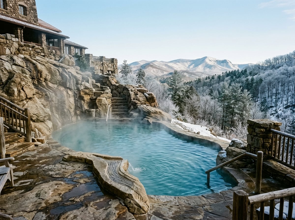 A warm, steaming outdoor mineral pool at the Omni Grove Park Inn in Asheville, North Carolina, carved into a mountainside with snow on the distant ridges.