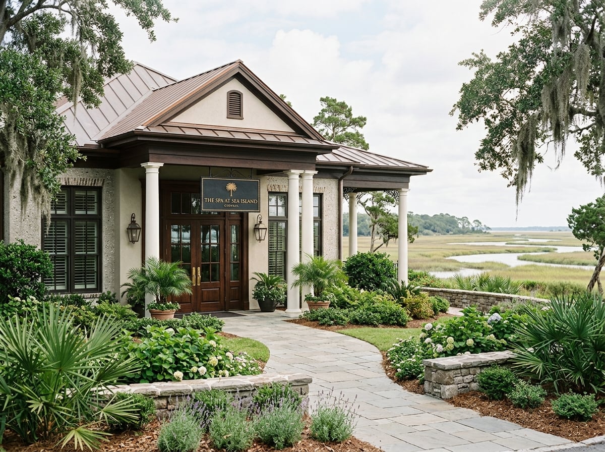 A grand, inviting entrance to a luxurious spa building on Sea Island, Georgia, surrounded by well-maintained gardens and marshland in the distance.