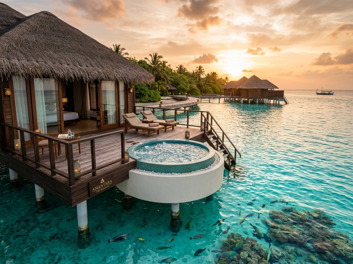 An overwater villa at Anantara Veli Maldives Resort with a private jetted plunge tub overlooking the clear turquoise lagoon, with reef fish visible through the water below.