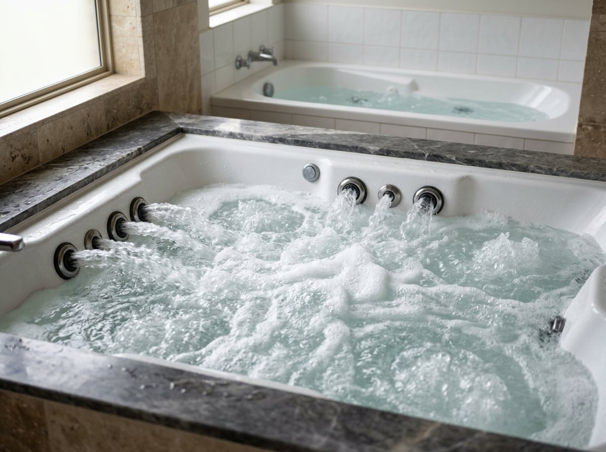A close-up of a high-quality jacuzzi tub showcasing powerful jets and effervescent water, contrasting with a subtle background of a standard, less impressive soaking tub to illustrate the difference in quality.