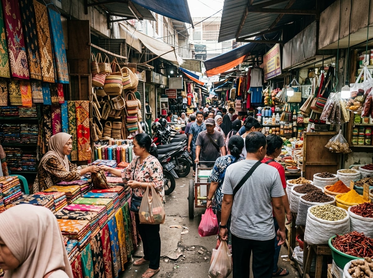 A vibrant and crowded traditional market in Jakarta, like Tanah Abang, with vendors selling a variety of goods and local shoppers navigating the narrow aisles, depicting authentic Indonesian commerce.