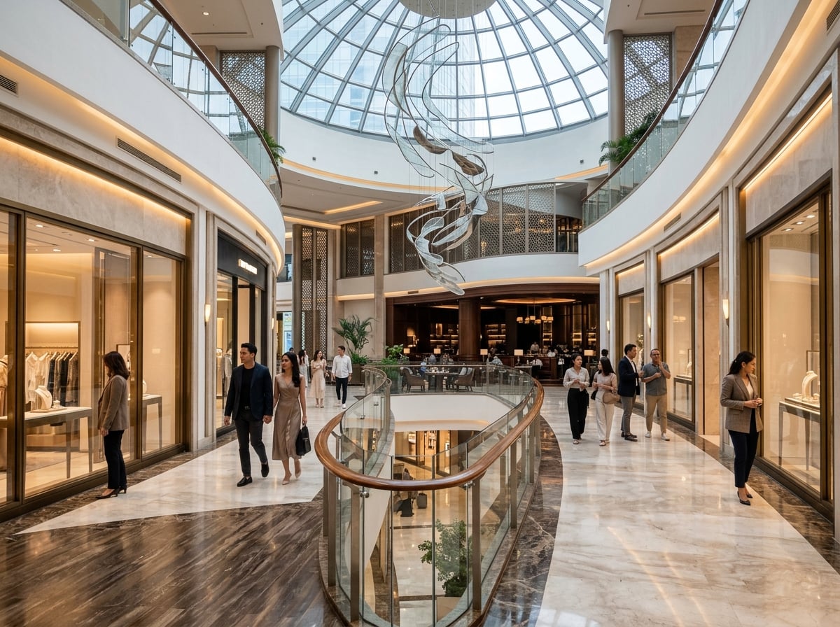 The luxurious interior of Plaza Indonesia mall in Jakarta, with elegant storefronts, art installations, and well-dressed shoppers, illustrating a world-class luxury shopping experience.